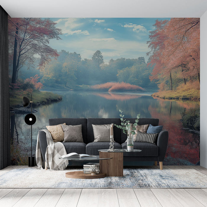 Fototapeta pokrajina jeseni | Odsevi jezera obkroženega z drevesi v zlatih in roza barvah