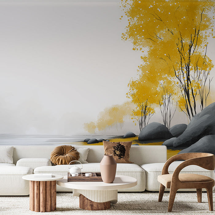 Tapetti maisema syksyllä | Rauhallinen joki, jota reunustavat kultaiset puut ja harmaat kivet