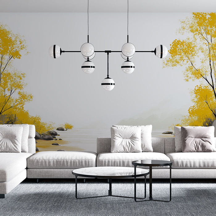 Fototapet sonbahar manzarası | Altın yapraklı ağaçlarla çevrili sakin nehir