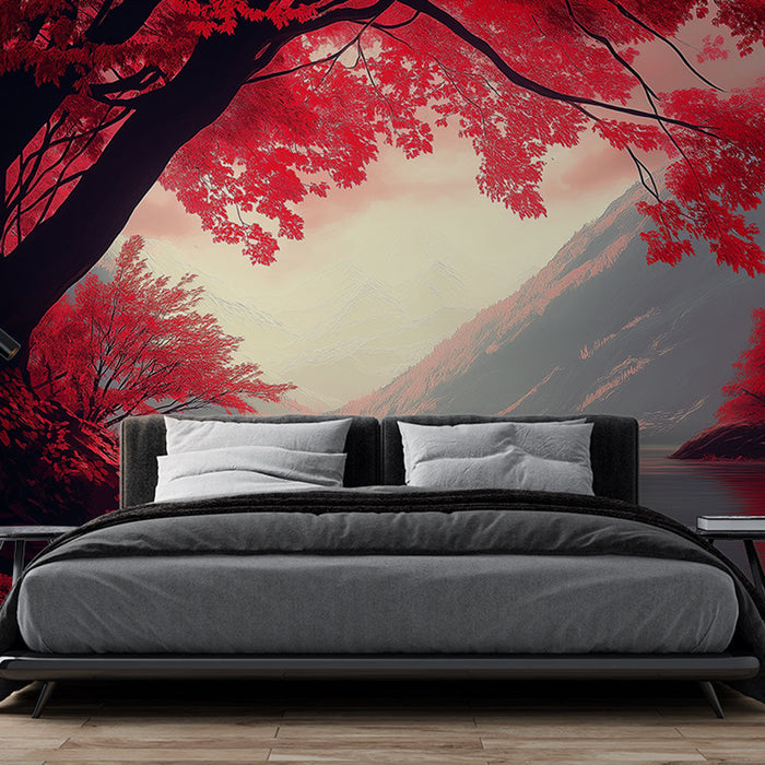 Tapeta s podzimní krajinou | Klidná řeka obklopená planoucími červenými stromy