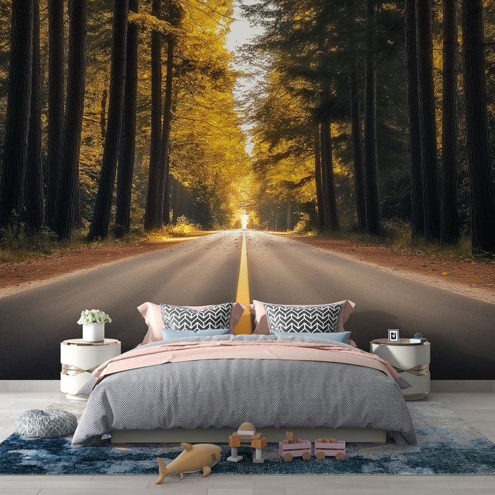 Tapetti syksyinen maisema | Tie, jota reunustavat kultaiset puut pehmeässä valossa