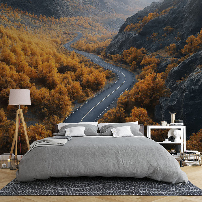 Foto Behang herfstlandschap | Kronkelende weg omgeven door gouden bomen