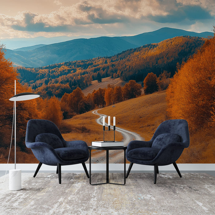 Tapeta podzimní krajina | Klikatá cesta obklopená zlatým listím