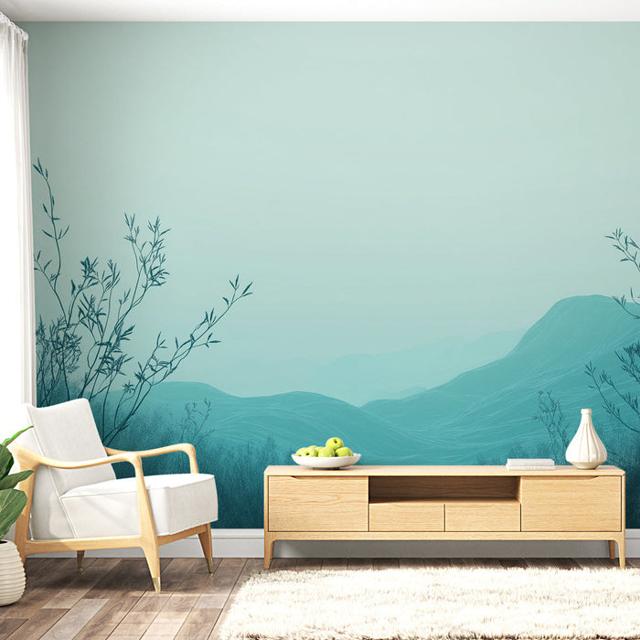 Fototapet teal mavi manzara | Dağlar ve suluboya bitki örtüsü