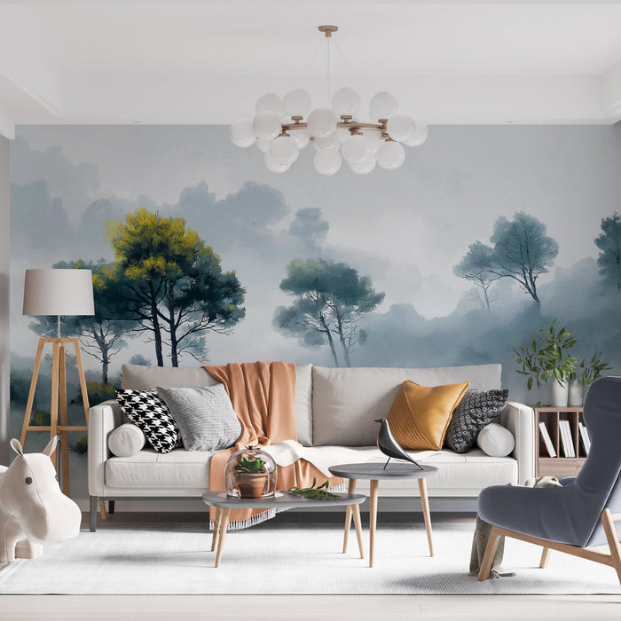 Mlžný krajinný tapete | Mlžné stromy s doteky zelené