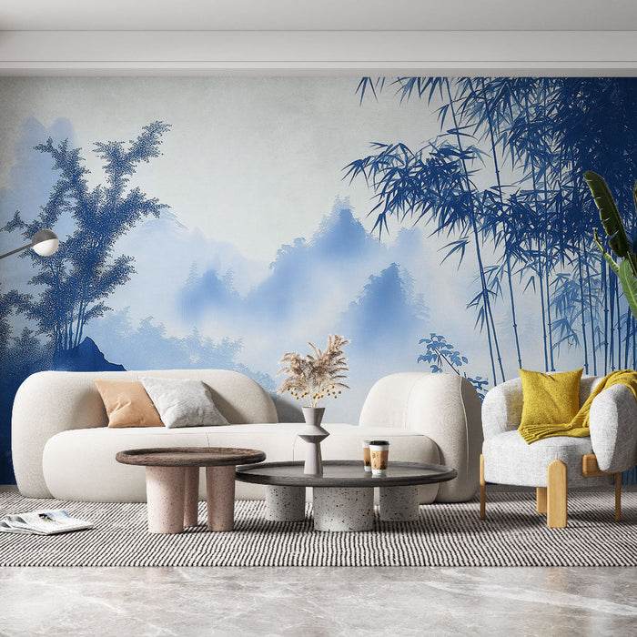 Seinamaalingu tapeet udune maastik | Bambused ja mäed on joonistatud sinisega