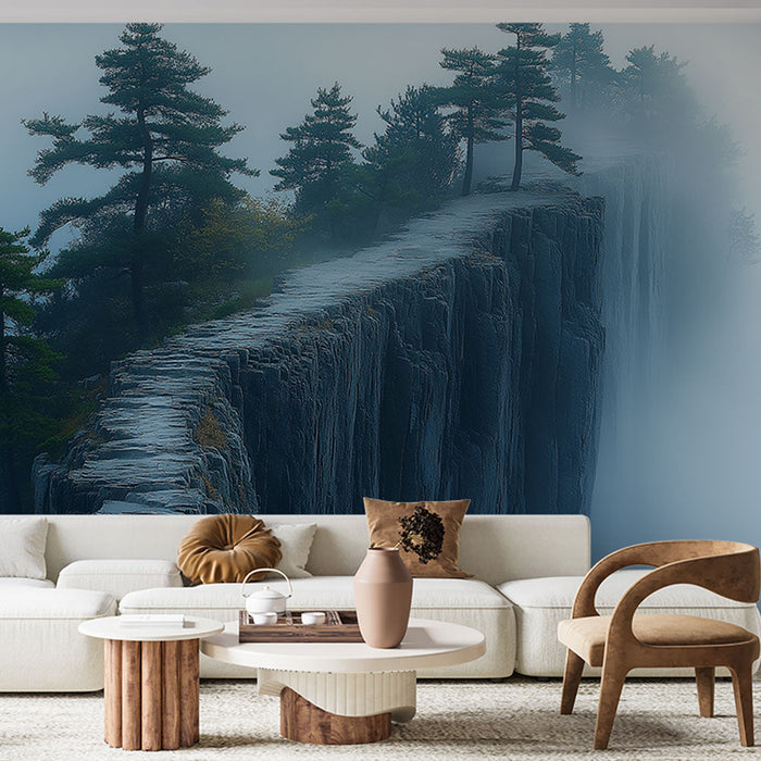 Mural Wallpaper misty landscape | Steep path lined with trees in a mystical atmosphere
