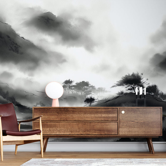 Bulanık Manzara Duvar Kağıdı | Dağlar ve Vadiler Monokrom Tonlarda