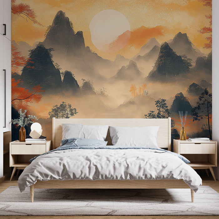 Tapete Китайски пейзаж | Мъгливи планини на залез с червени дървета