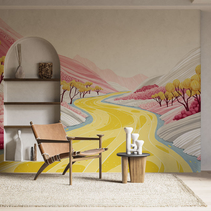 Tapeta kolorowy pejzaż | Żółta serpentynowa rzeka pośrodku pastelowych wzgórz
