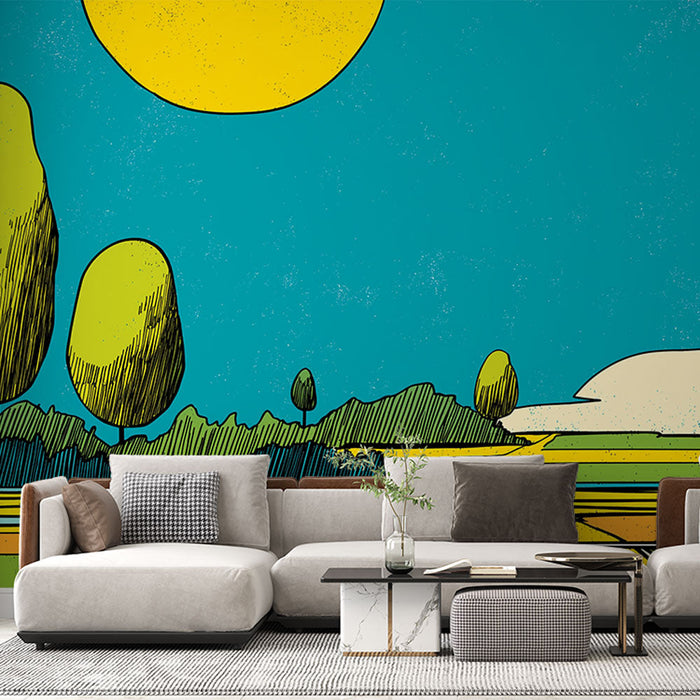 Papel pintado paisaje colorido | Un paisaje estilizado con colores brillantes y una gran luz