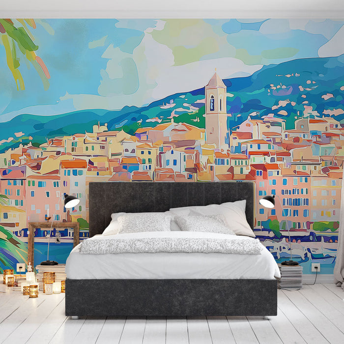 Mural Wallpaper colorful landscape | Coastal village in vibrant water