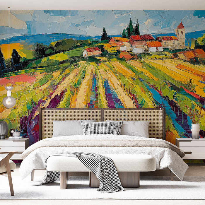 Mural Wallpaper colorful landscape | View of vibrant fields and artistic village