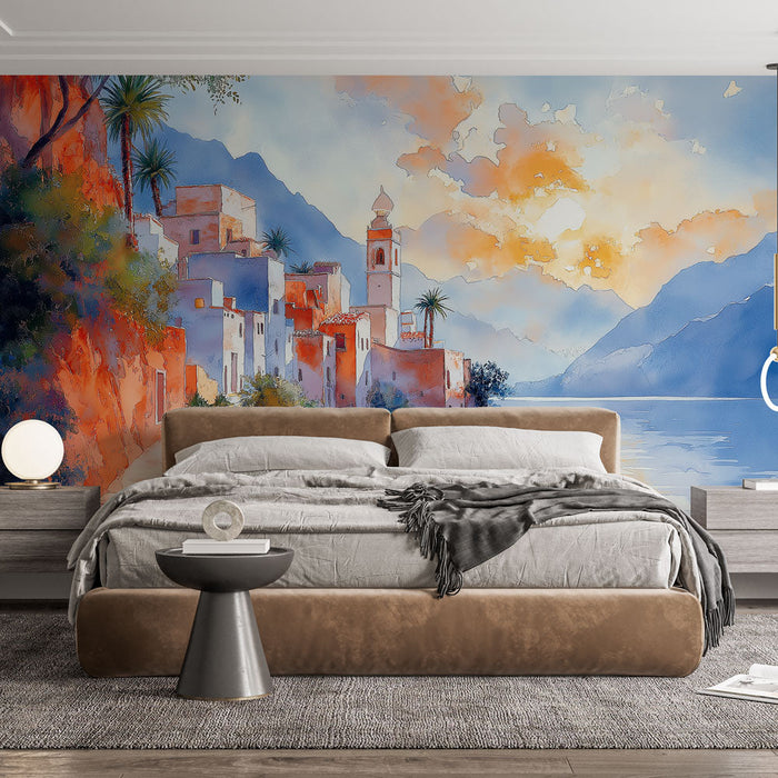 Mural Wallpaper coastal landscape | Mediterranean watercolor at sunset