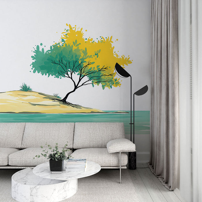 Tapeta nadmorski pejzaż | Kolorowe drzewo na spokojnej plaży