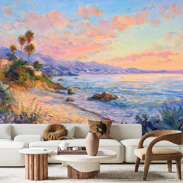 Tapet peisaj marin | Apus de soare vibrant pe o plajă liniștită