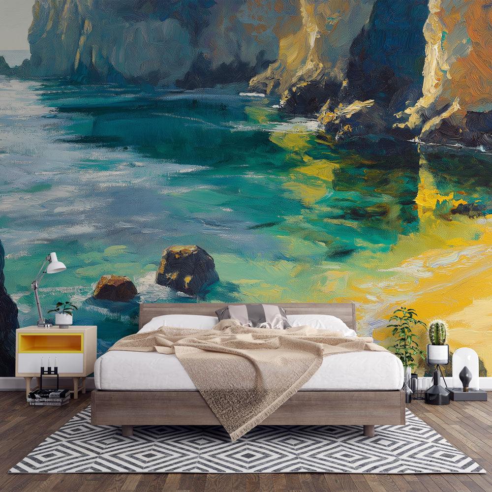 Ocean Mural Wallpaper | Aerial Turquoise Waters and Rocky Coast main image 0