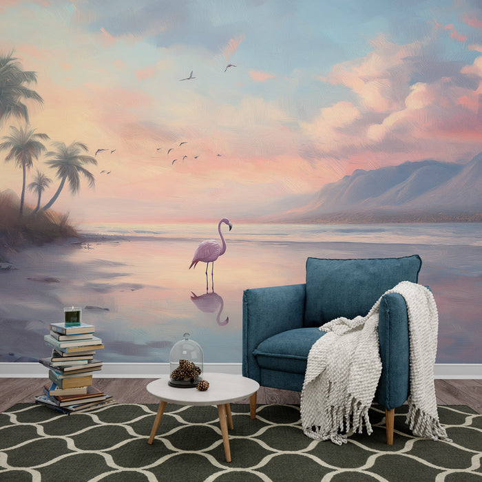 Kystlandskab Fototapet | Pink Flamingo på en strand ved solnedgang