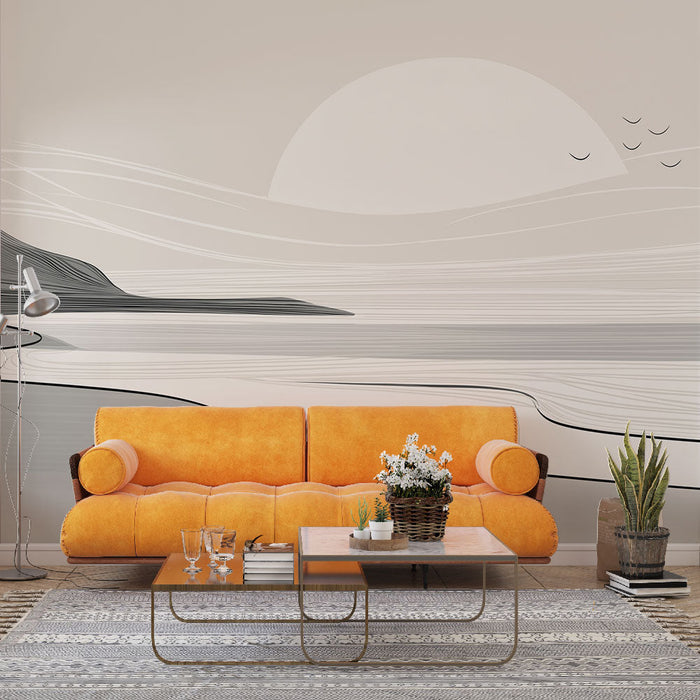 Tapet peisaj costier | Linie orizont minimalista cu soare și valuri