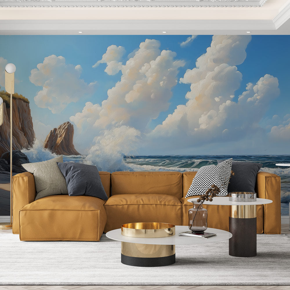 Ocean Mural Wallpaper | Aerial Turquoise Waters and Rocky Coast main image 1