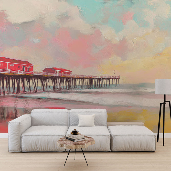 Kıyı Manzara Duvar Kağıdı | Pastel Gökyüzü ve Deniz Yansımalarıyla Kırmızı İskele