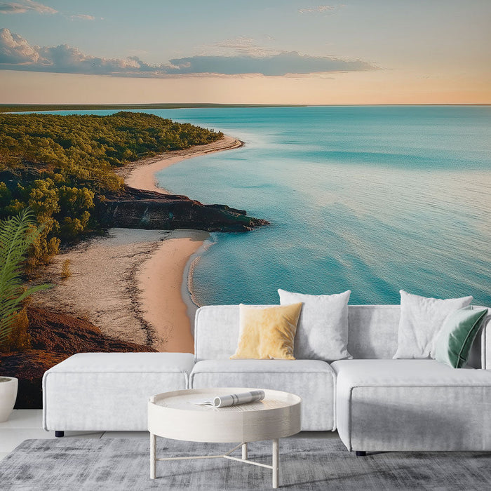 Фототапет крайбрежен пейзаж | Златен плаж и тюркоазени води по залез слънце