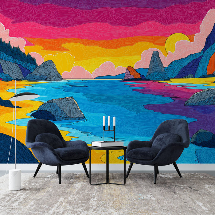 Ακτογραμμή Ταπετσαρία Τοίχου | Παραλία με βράχους και πολύχρωμο ουρανό