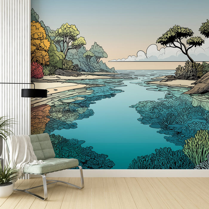 Tapete брегов пейзаж | Спокоен река, заобиколен от оцветена растителност