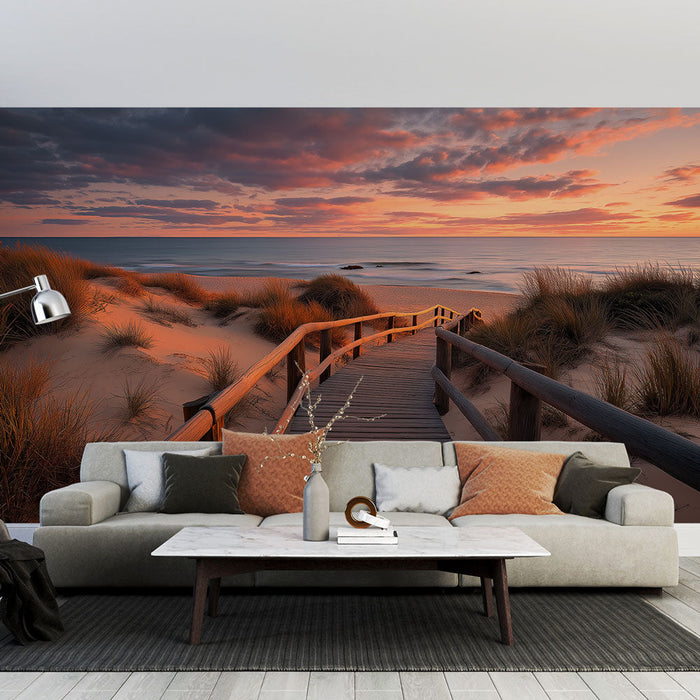 Ακτογραμμικό τοπίο τοιχογραφία | Ξύλινη διαδρομή που οδηγεί στην παραλία κατά το ηλιοβασίλεμα