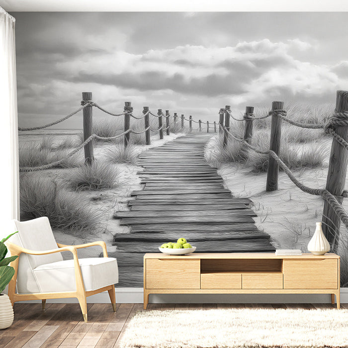 Ranniku maastik fototapeet | Puidust tee viib randa pilvise taeva all