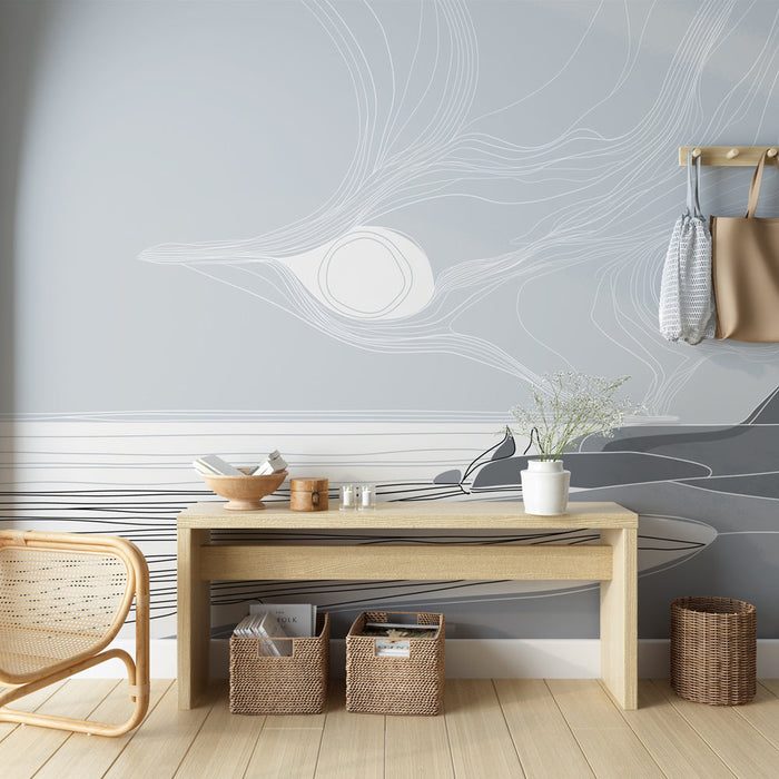 Tapetti rannikon maisemalla | Minimalistiset meren siluetit pilvien peittämän taivaan alla