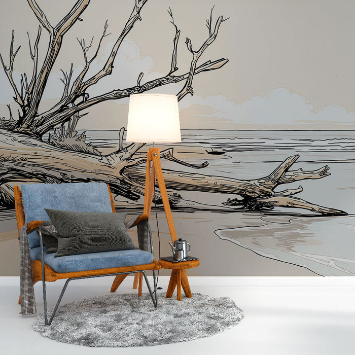 Ακτογραμμή Tapete | Μια λεπτή αναπαράσταση ενός κορμού δένδρου στην παραλία