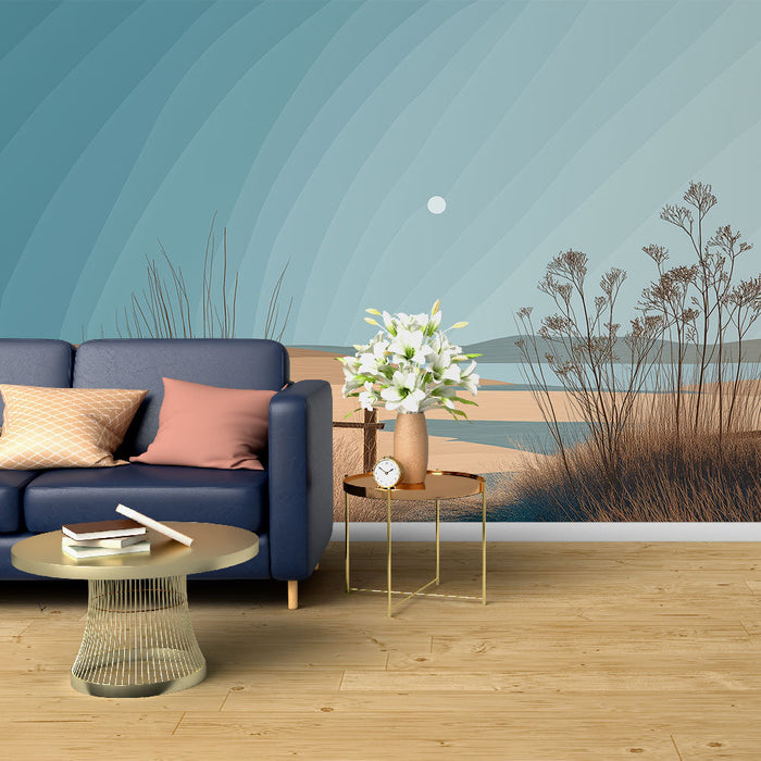 Kustlandschap Foto Behang | Een rustgevend uitzicht met een blauwe lucht en natuurlijke elementen