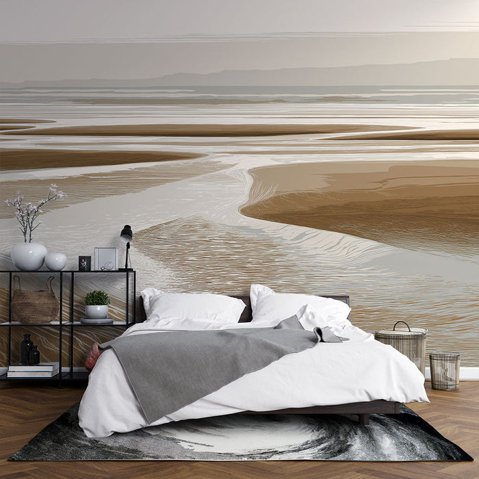 Papel pintado paisaje costero | Vasta extensión de arena y agua en tonos beige