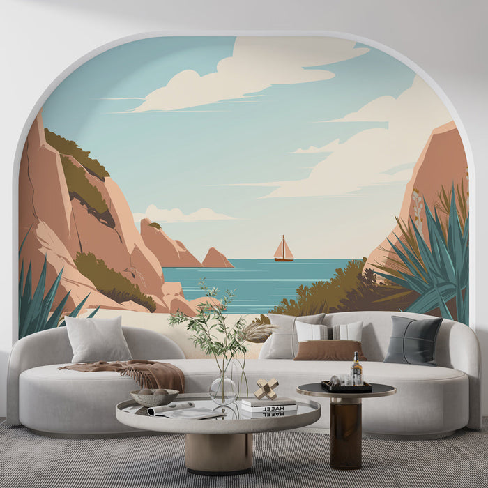 Foto Behang kustlandschap | Rustgevend uitzicht op een baai met zeilboot en gouden rotsen