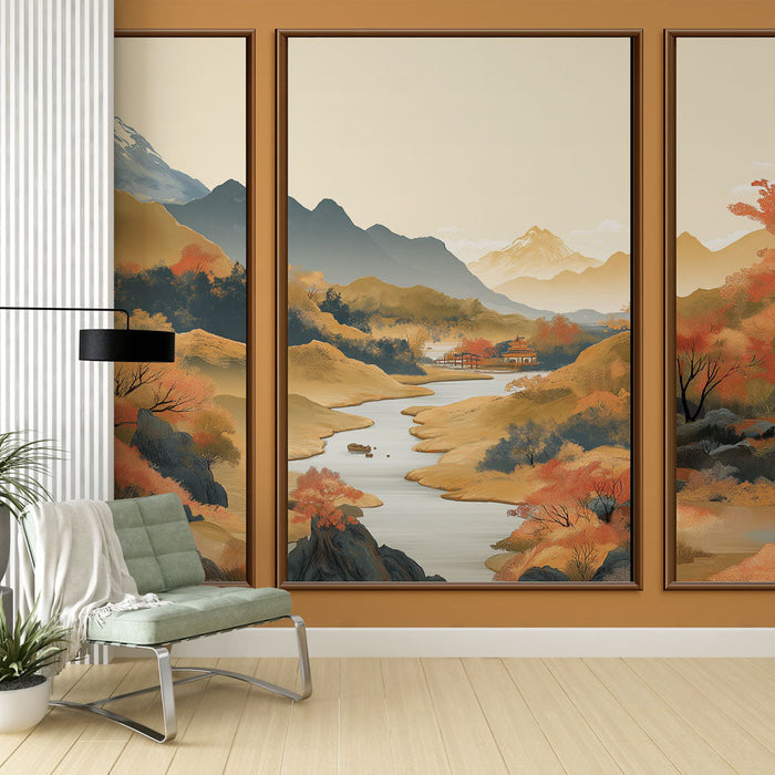 Fototapet efterårslandskab | Bjerglandskab med orange og gyldne nuancer