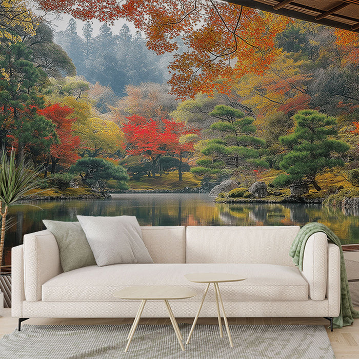 Tapeta podzimní krajina | Panoramatický pohled na japonskou zahradu s barevnými stromy