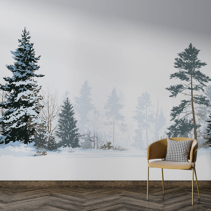 Carta da parati paesaggio invernale | Foresta innevata e alberi maestosi