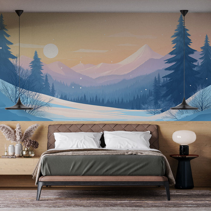 Foto Behang winterlandschap | Besneeuwde bergen onder een pastel lucht