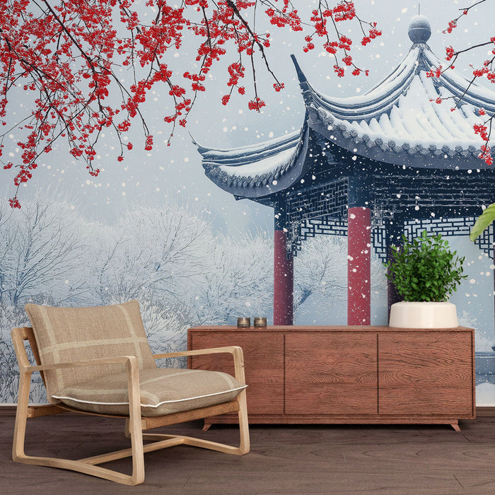 Fototapet kış manzarası | Kırmızı kiraz çiçekleri altında karla kaplı pagoda