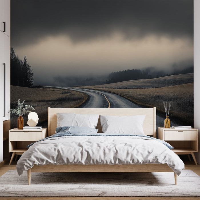 Falfestmény Tapéta Téli Táj | Kanyargós Út Felhős Ég Alatt