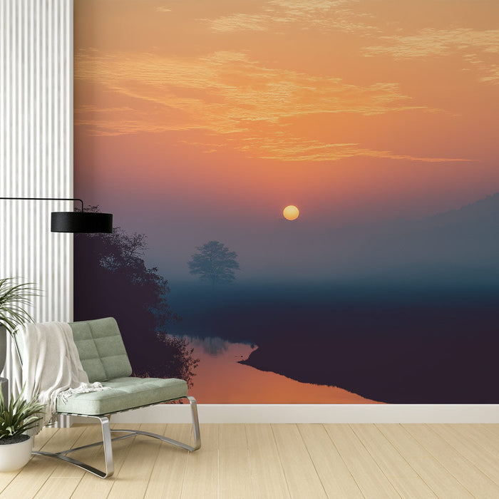 Tapeta krajobrazowa oświetlenia | Mglisty wschód słońca z spokojnymi odbiciami