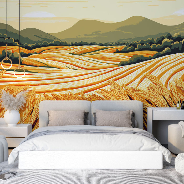 Tapete Weizenlandschaft | Goldene Felder unter der untergehenden Sonne