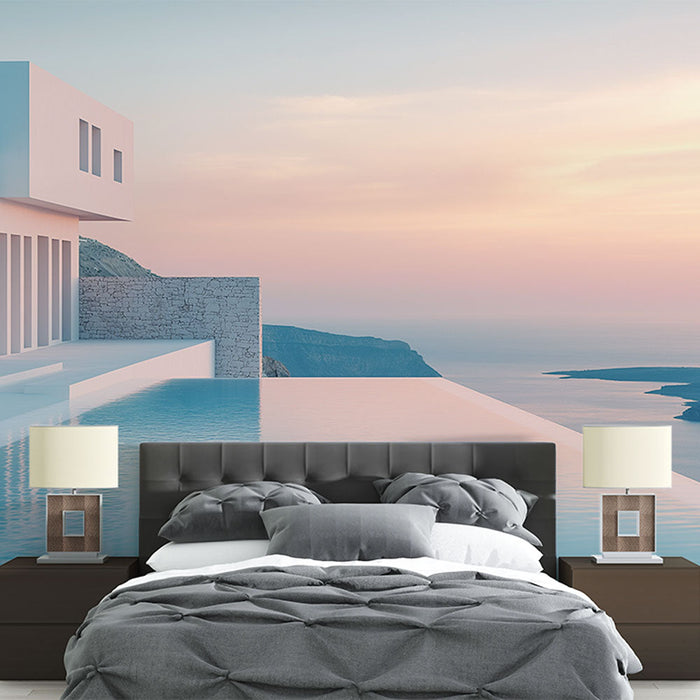 Tapet peisaj marin | Vedere liniștitoare a unei vile moderne cu piscină infinită și apus de soare