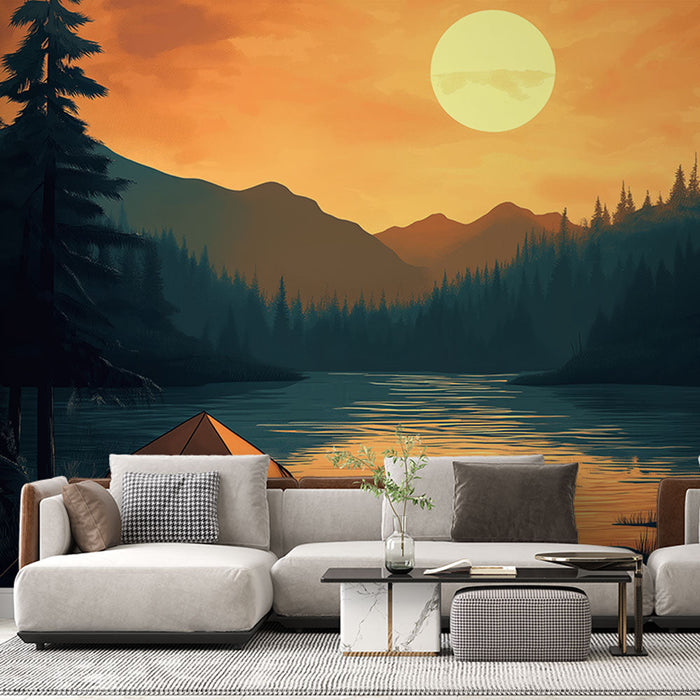 Фототапет къмпинг пейзаж | Къмпинг край езеро по залез слънце