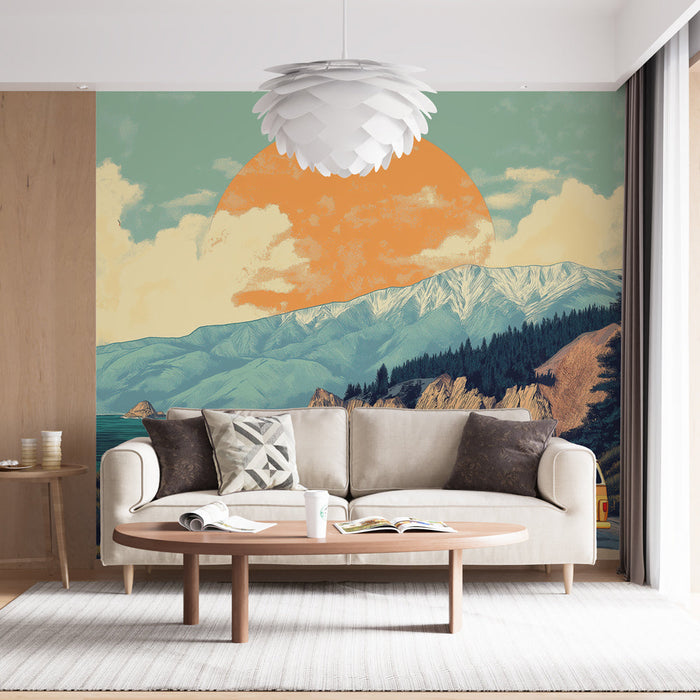 Ταπετσαρία τοιχογραφίας τοπίο κατασκήνωσης | Κίτρινο φορτηγάκι δίπλα στη θάλασσα με βουνά στο παρασκήνιο