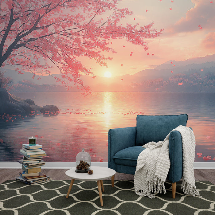 Fototapet landskab af kirsebærtræer | En sublim solnedgang over en fredelig sø med blomsterblade