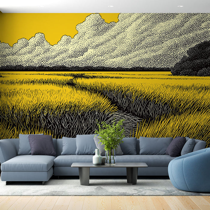 Carta da parati paesaggistica di campi dorati | Campo di grano sotto un cielo nuvoloso