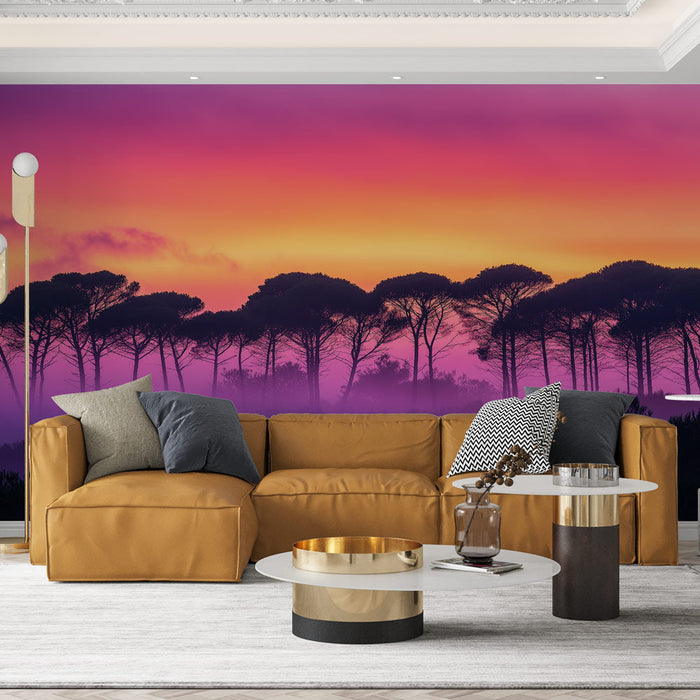 Tapeta lesní krajina za soumraku | Siluety stromů v růžové a fialové mlze