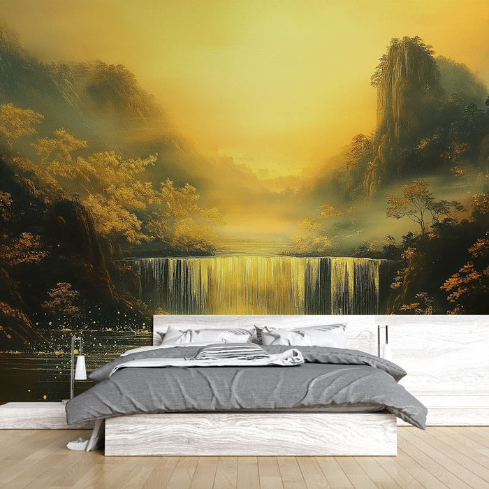 Tapete Berglandschaft | Goldener Wasserfall in einem nebligen Tal